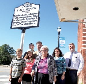 Descendents of the late F. Roy Johnson were on hand Saturday for the unveiling of a state historic marker in downtown Murfreesboro. From left are Ben, Miranda, Roy, Neil, Mabel, Crystal and Mark Johnson. Staff Photo by Cal Bryant