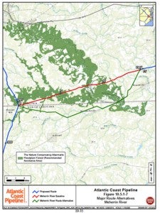 This map, courtesy of Dominion, shows the new route (in green) of the Meherrin River Alternative, part of a lateral extension of the main natural gas pipeline that will stretch across 12 miles of property in northern Northampton County en route to Chesapeake, VA.