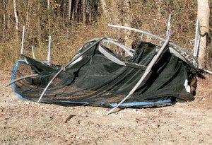This trampoline was no match for Saturday’s wind gusts as it was swept from the backyard of a Northampton County home and into the edge of a field. Contributed Photo