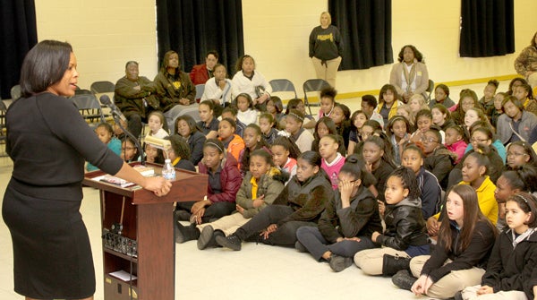 With a sea of inquisitive young faces looking on, Shelia Moses (left) conducted a “Diva Talk” with fourth, fifth and sixth grade students at Ahoskie Elementary School on Friday morning. Staff Photo by Cal Bryant