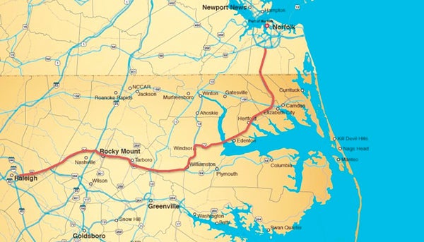 A red line shows the planned route of a proposed Interstate highway between Raleigh and the Hampton Roads area of Virginia.