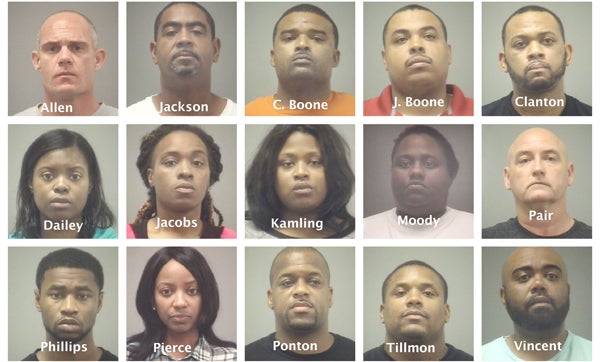 Shown here are the 15 individuals – including 13 law enforcement officers – arrested last week in a police corruption sting conducted by the FBI. Photo composition by Lance Martin/www.rrspin.com