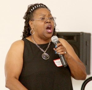 Brenda Balmer belts out an “oldie but goldie” as she provided the entertainment at the annual Northampton Chamber of Commerce banquet. Staff Photo by Cal Bryant