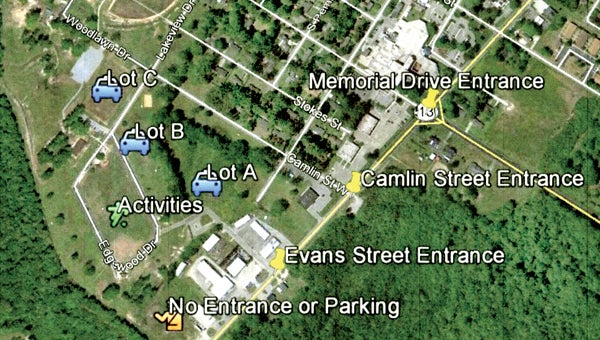This map shows the entrances and exits (Memorial Drive, Camlin Street, and Evans Street) for the annual Town of Ahoskie July 4th fireworks show and activities. The event has been moved this year to the Ahoskie Creek Recreational Complex. Map courtesy of the Town of Ahoskie