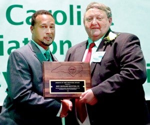 Rep. Howard Hunter III (left) poses with 2015 NCACC President Ronnie Beale of Macon County after winning the Friend of the Counties Award from the N.C. Association of County Commissioners. Photo courtesy of Chris Baucom/NCACC
