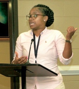 Tonya Bazemore was among those who made remarks regarding former Bertie High girls basketball coach Alice Lyons at Tuesday’s meeting of the Bertie County Board of Education. Staff Photo by Gene Motley