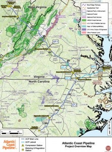 This map shows the proposed route of the pipeline, including a lateral extension that will be built in northern Northampton County as it travels east to Chesapeake, Va.  