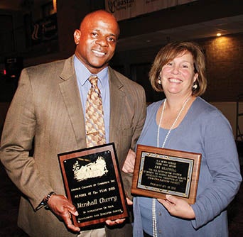 Marshall Cherry (left) won the distinguished Chamber Award during Thursday night’s Ahoskie Chamber of Commerce Annual banquet. The winner of the News Herald Front Page award was Vice President Amy Braswell (right) for her beautification efforts in Ahoskie.
