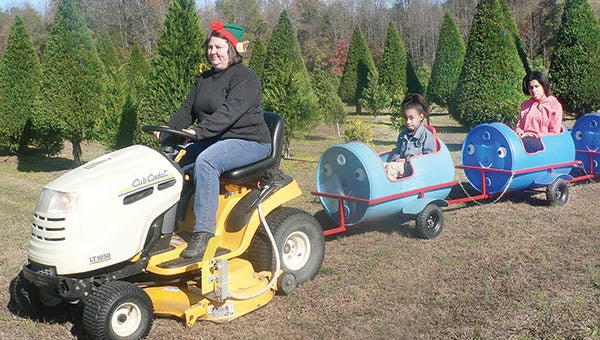 Tammy Mullins serves as the “engineer” as she steers a makeshift train with Jordin Gatling (center) and Karissa Gatling as passengers. The train ride is just part of the overall experience found at Dawson’s Christmas Tree Farm located on Blowe Road in Hertford County. | Photos by Kim Bunch Hoggard