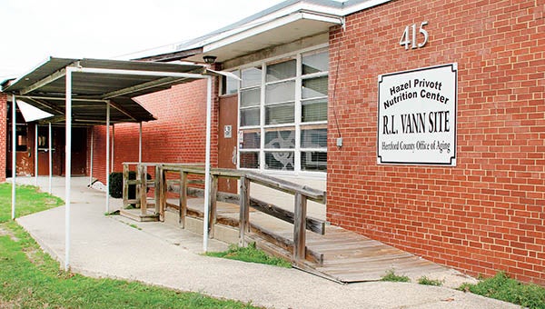 The Hertford County Office of Aging’s nutrition site in Ahoskie is located at the old Robert L. Vann School off Holloman Avenue. The facility is beset with problems, to include a leaking roof. | Staff Photo by Cal Bryant