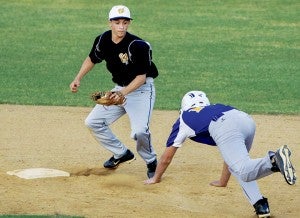 Windsor’s Caleb Damo prepares to apply the tag to a Beaufort County runner in Friday’s junior American Legion baseball game.  Damo drove in three runs on Saturday as Post 37 topped Post 13 in Wilson, 8-5. Photo by 2nd Chance Productions / Andre Alfred
