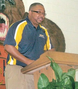 Hertford County Superintendent Dr. William Wright Jr. is pictured wrapping up his first Convocation on Thursday in the Hertford County High School gym.