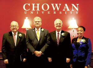 Alumni and Friends Dinner honorees at Chowan University for 2016 are, from left, Wayland L Jenkins, Jr. (Community Service Award), Milton A. (Mick) Outten, Mack L. Thompson, and Jenáy Nelson. Contributed Photo